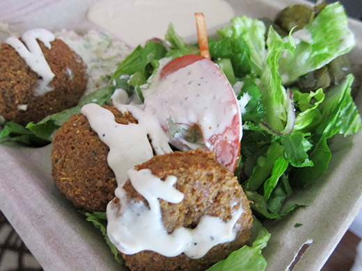 Veggie Mezza Plate ($7): Homemade falafel, hummus, dolmades and baba ghanouj with pita bread.