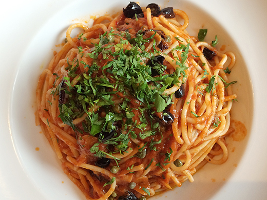 Spaghetti Puttanesca ($15): anchovies, capers, olives, chili, pomodoro sauce.