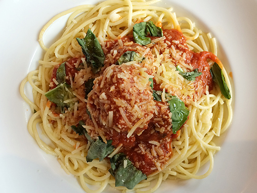 Spaghetti & Meatballs ($16): Pemberton Meadows beef & pork meatballs braised in red wine & tomato sauce, parmesan, fresh basil.