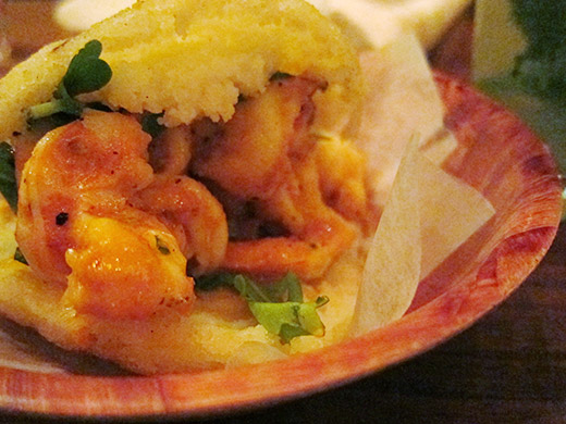 Arepas ($7.50): White corn pocket, stuffed (with sauteed prawns), grilled until crispy and served with smoked paprika aioli and arugula. 