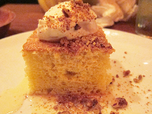 Pastel des TrÃ¨s Leches ($7): spongecake drenched with three milks, maple Chantilly and crushed pecan praline.