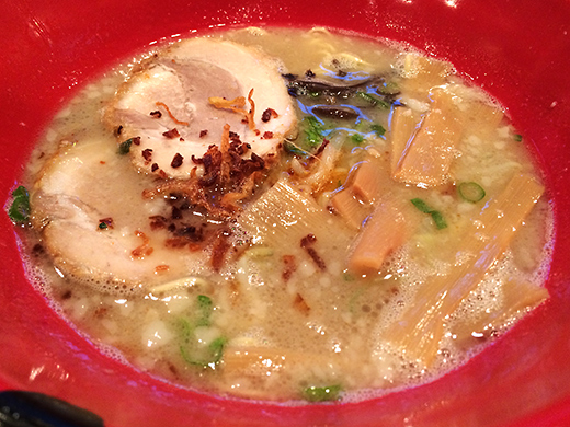 Shio Tonkotsu Ramen ($8.95) Pork belly char-siu, spinach, bamboo shoots, green onion, fried onions.