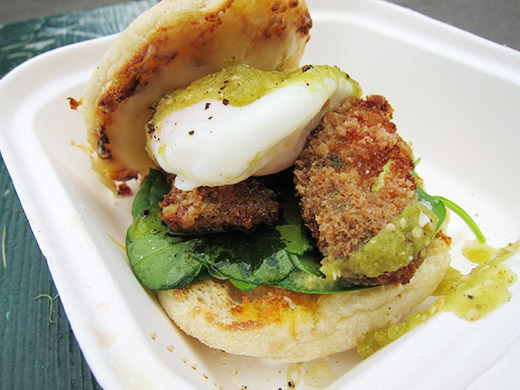 Yolk's Breakfast Sandwich ($7.50) -- Poached free-range egg over Panko-Tempura Avocado with salsa verde, aged white cheddar on a toasted English muffin. 