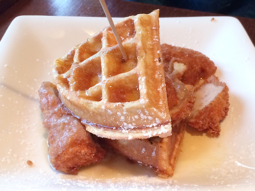 Chicken and Waffles ($11.75) - organic fried chicken, belgian waffles, chicken gravy and pure Canadian maple syrup.